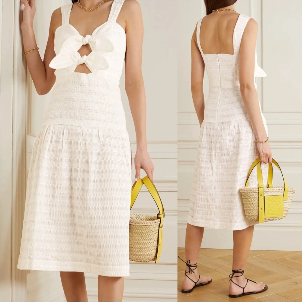 Rebecca Vallance Jame Bow Embellished Cutout Seersucker Mini Dress